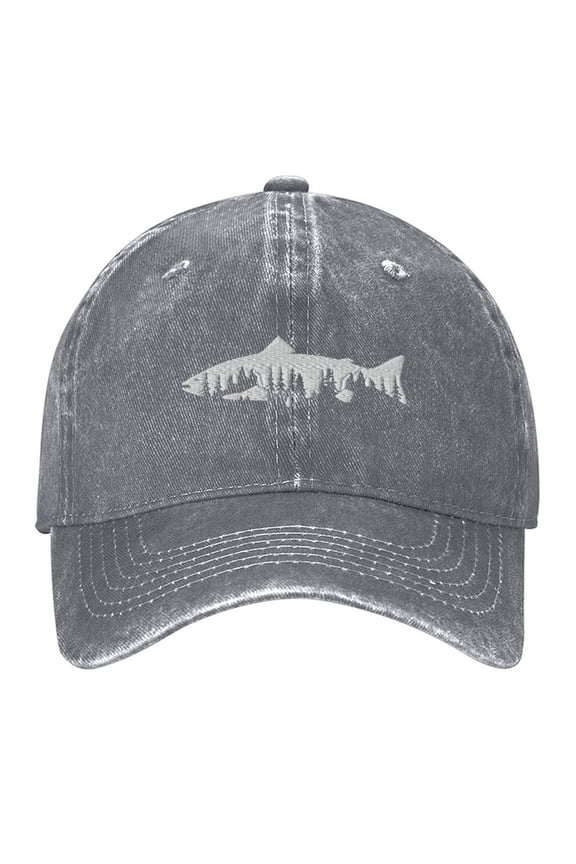 Trout Trees Mountain Print Vintage Wash Dad Hat Adjustable Curved Brim Baseball Cap,Made In USA,Casual Outdoor Sports Fishing Cap for Men and Women