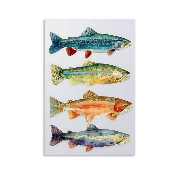 Trout Watercolor Art Print Fly Fishing Trout Painting Colorful Fish Decor Canvas Posters for Room Aesthetic And Wall Art Picture Living Room Decor