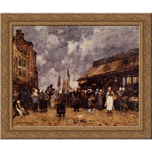 Trouville, the Fish Market 24x20 Gold Ornate Wood Framed Canvas Art by Eugene Boudin