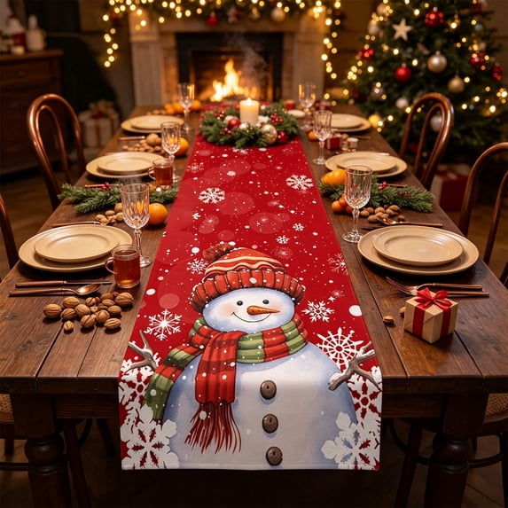 Trovenix 13x72 Inch Festive Christmas Table Runner Snowman Santa Illustration Printed Long Holiday Dining Table Decoration for Home