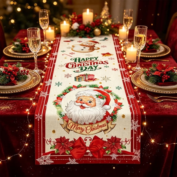Trovenix 13x72 Inch Festive Christmas Table Runner Snowman Santa Illustration Printed Long Holiday Dining Table Decoration for Home