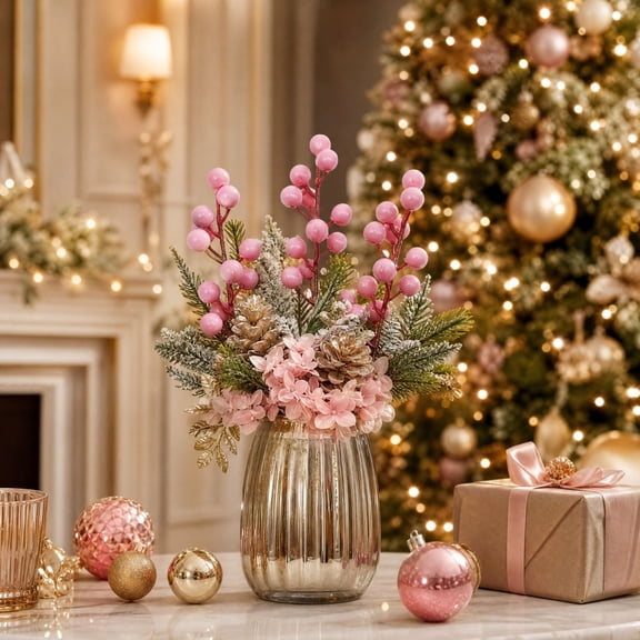 Trovenix Artificial Berry Picks Set of 3 Pink Berry Stems Fake Berry Branches, Faux Floral Sprays for Vase Arrangement Wreath Home Wedding Party Decor