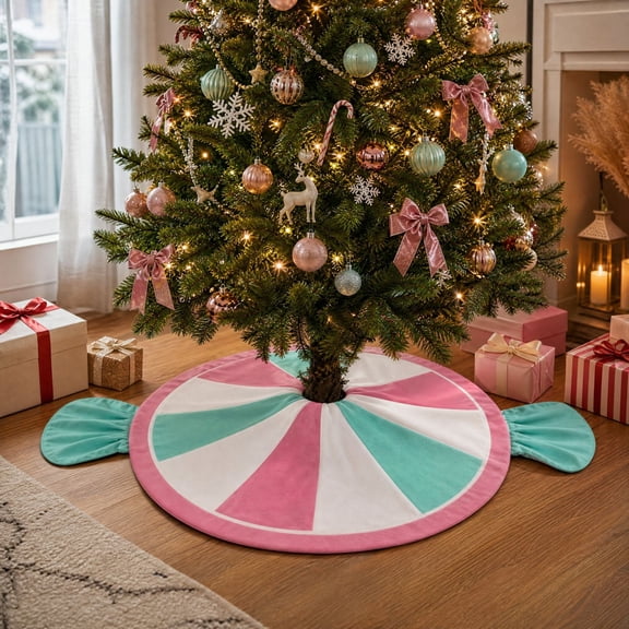 Trovenix Candy Shaped Christmas Tree Skirt, Green Color Blocked Tree Base Mat, Festive Holiday Tree Collar Cover for Xmas Home Decoration