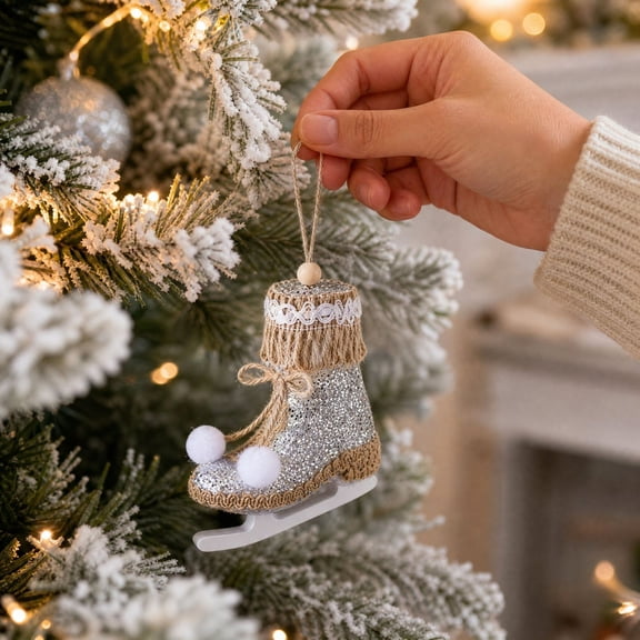 Trovenix Christmas Ice Skate Ornament, 4.72 IN Glitter Skating Boot Hanging Decoration, Xmas Tree Pendant for Holiday Party Decor