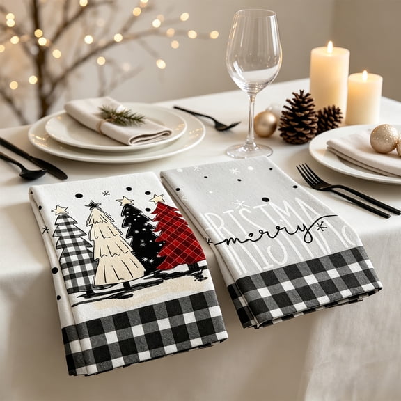 Trovenix Christmas Kitchen Towels Set of 2 Winter Xmas Tree Reindeer Decorative Hand Towels Holiday Vintage Tea Towels for Kitchen Decor