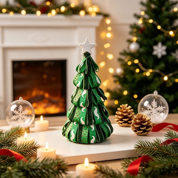 Trovenix Christmas Mini Tabletop Tree Ornament, Ribbon Desktop Centerpiece Decoration, Holiday Xmas Decor for Home Bedroom Fireplace Party