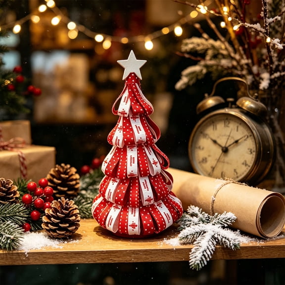 Trovenix Christmas Mini Tabletop Tree Ornament, Ribbon Desktop Centerpiece Decoration, Holiday Xmas Decor for Home Bedroom Fireplace Party