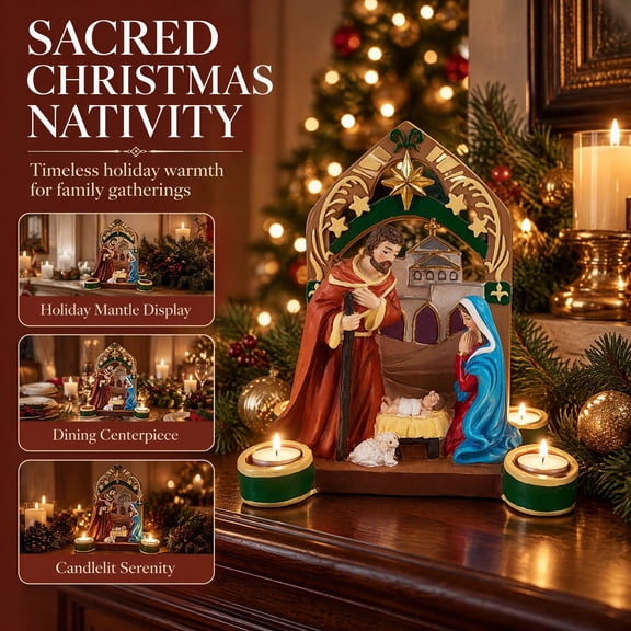 Trovenix Christmas Nativity Figurine Set Holy Family Candlestick Sculpture with Gift Box Classic Tabletop Decor Holiday Religious Present
