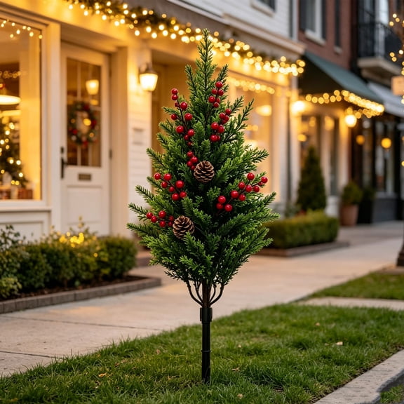 Trovenix Christmas Tree Stake Decoration Artificial Pine With Red Berries Outdoor Yard Garden Ground Insert For Winter Holiday Patio Lawn Pathway Decor