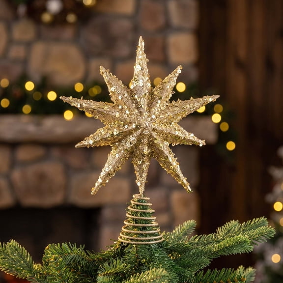 Trovenix Christmas Tree Topper Mirror Glitter Nine Point Star Ornament Three Dimensional Xmas Tree Top Decor for Seasonal Home Display