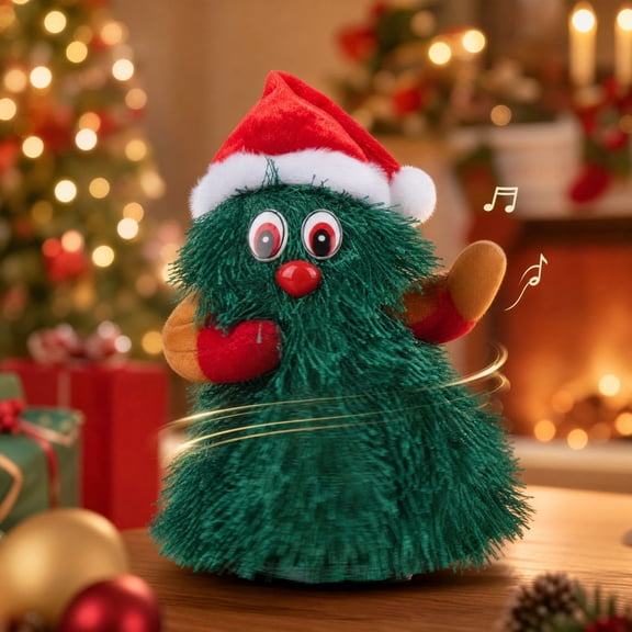 Trovenix Dancing Rotating Christmas Tree Toy Electrics Spinning Christmas Character Figure with Santa Hat Interactive Xmas Holiday Tabletop Decor for Home