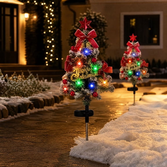 Trovenix Flocked Solar Powered Christmas Tree Ground Light 35.4 IN Outdoor Courtyard Color LED Conifer Garden Yard Decoration
