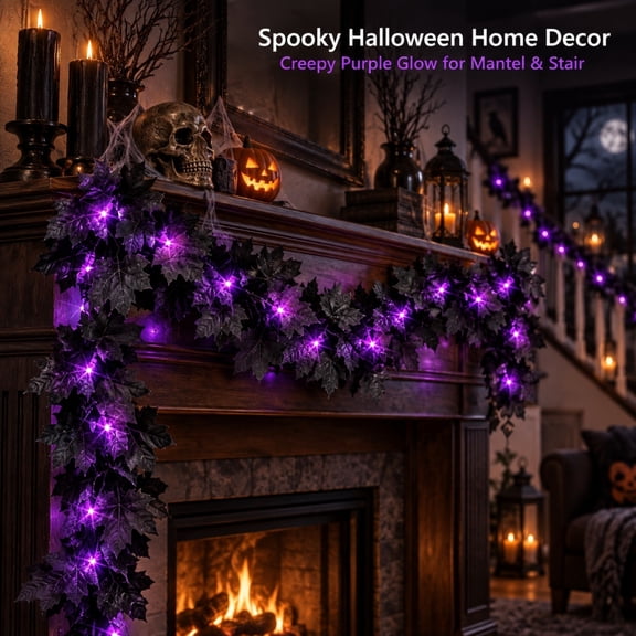 Trovenix Halloween Black Maple Leaf Light Vines 6.5FT 20 Light Purple LED String Battery Powered Simulated Maple Leaf Decorative Vines