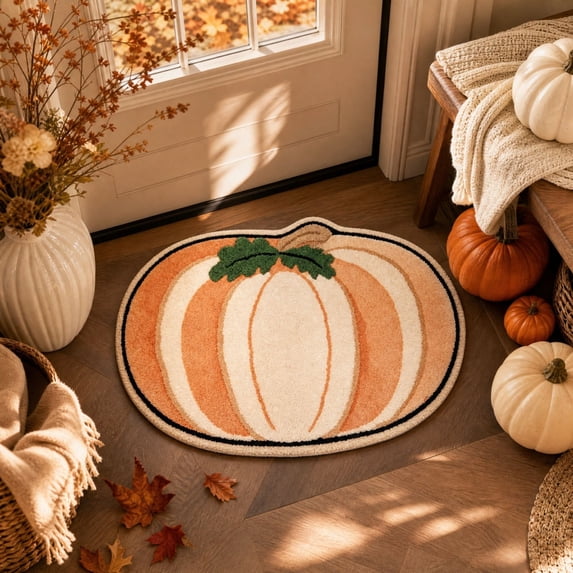 Trovenix Halloween Fall Thanksgiving Bath Mat Pumpkin Shaped Absorbent Non Slide Soft Doormat for Entryway Decor