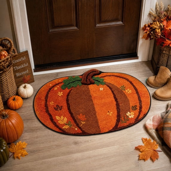 Trovenix Halloween Fall Thanksgiving Bath Mat Pumpkin Shaped Absorbent Non Slide Soft Doormat for Entryway Decor