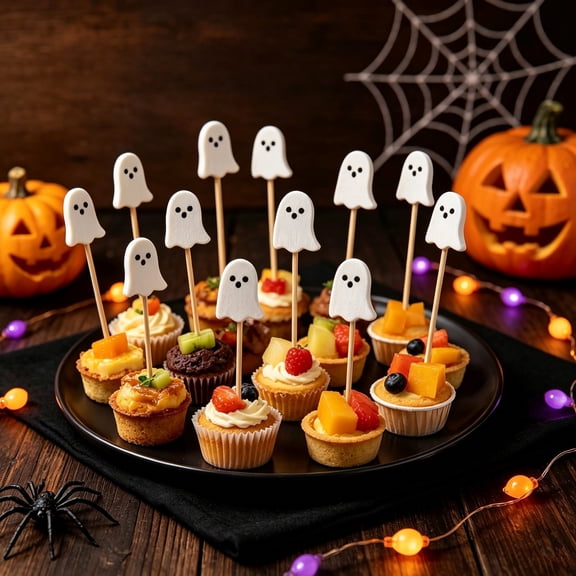 Trovenix Halloween Ghost Wooden Food Picks Cute White Ghost Cupcake Toppers Decorative Toothpicks for Halloween Party Dessert Charcuterie Board Decoration