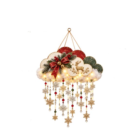 Trovenix Lighted Christmas Hanging Decor Snow Fall Cloud Ornament Warm White LED Lights Snowflake Reindeer For Front Door Window Porch Decor