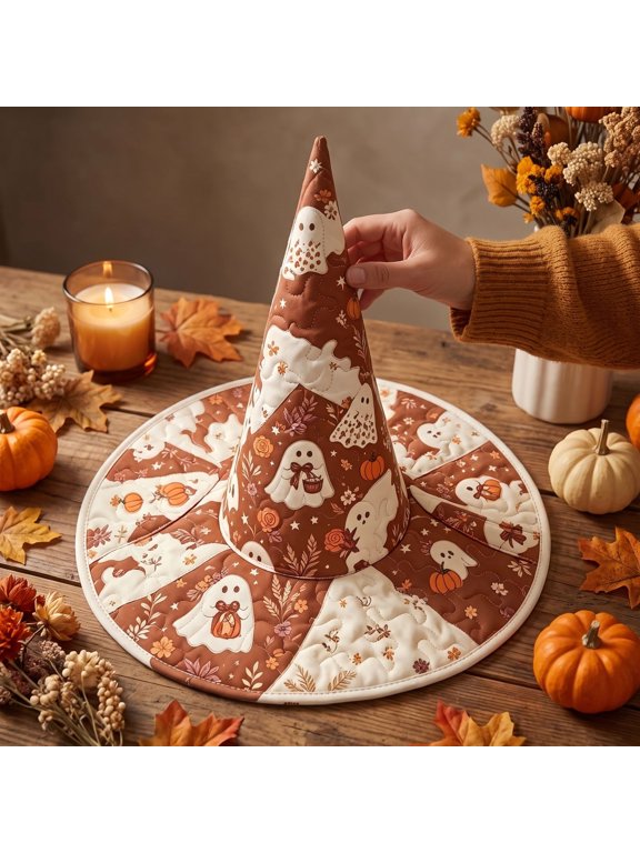 Quilted Witch Hat Decorative Magic Hat Cute Ghost Print Cone Hat with Wide Brim Halloween Party Home Decor Photo Prop
