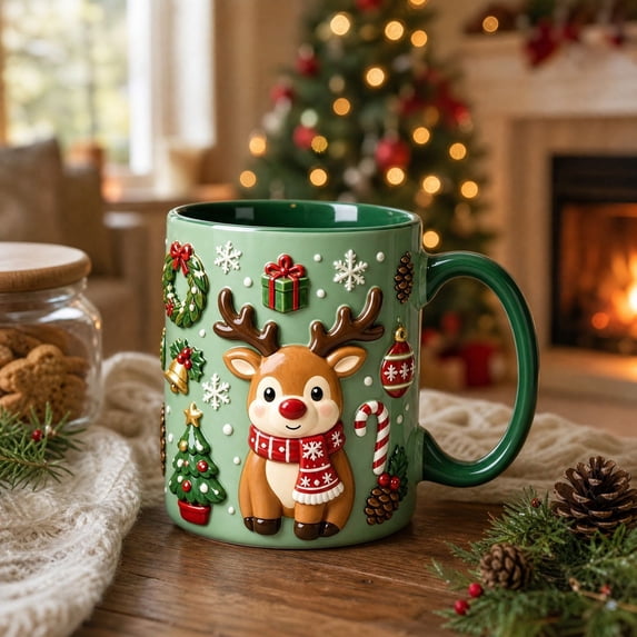 Trovenix Reindeer Coffee Mug 2D Ceramic Christmas Cup, Hot Cocoa Milk Tea Drinking Mug for Home Office, Festive Holiday Gift for Family