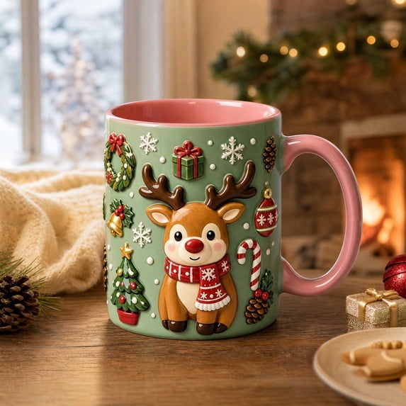 Trovenix Reindeer Coffee Mug 2D Ceramic Christmas Cup, Hot Cocoa Milk Tea Drinking Mug for Home Office, Festive Holiday Gift for Family