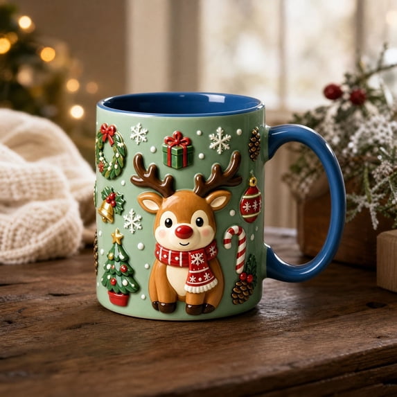 Trovenix Reindeer Coffee Mug 2D Ceramic Christmas Cup, Hot Cocoa Milk Tea Drinking Mug for Home Office, Festive Holiday Gift for Family
