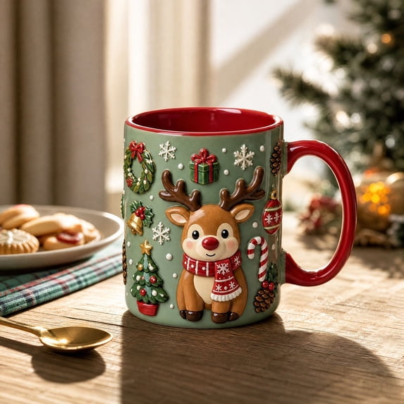 Trovenix Reindeer Coffee Mug 2D Ceramic Christmas Cup, Hot Cocoa Milk Tea Drinking Mug for Home Office, Festive Holiday Gift for Family