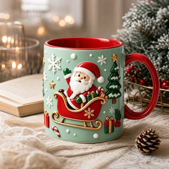 Trovenix Santa Coffee Mug 2D Christmas Ceramic Cup, Festive Holiday Tea and Cocoa Mug for Morning Drink, Xmas Gift for Family Friends Coworkers Kitchen
