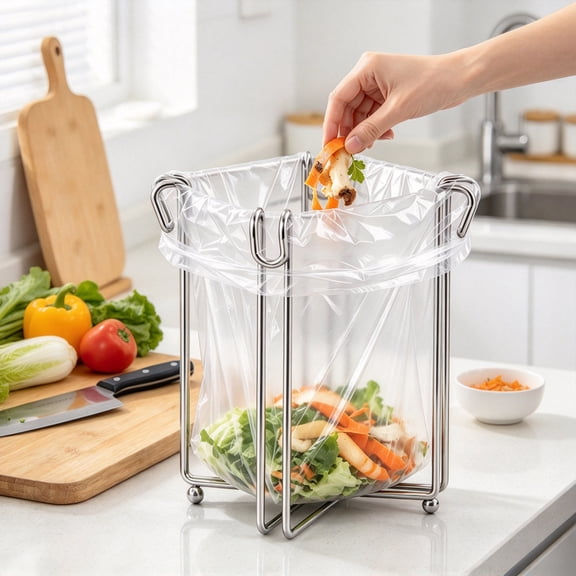 Trovenix Trash Bag Stand Stainless Steel Countertop Garbage Bag Holder Portable Foldable Waste Rack For Kitchen Food Scraps Office Tabletop Organizer