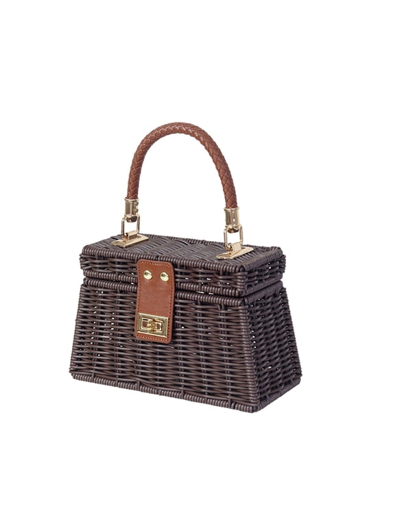 Wicker Handbag Woven Box Purse Basket Bag With Handle Summer Beach Shoulder Crossbody Bag For Daily Travel Party for Home Indoor Decor