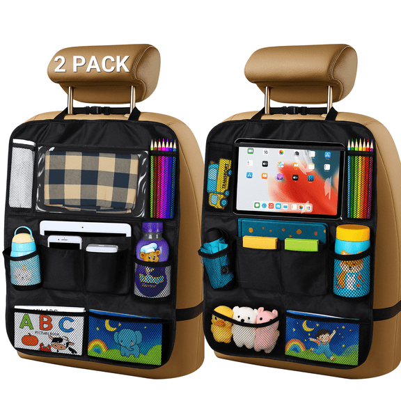 Troxlin 2-Pack 24"x16" Backseat Car Organizer with 10" Tablet Holder & 9 Pockets - Waterproof Kick Mats
