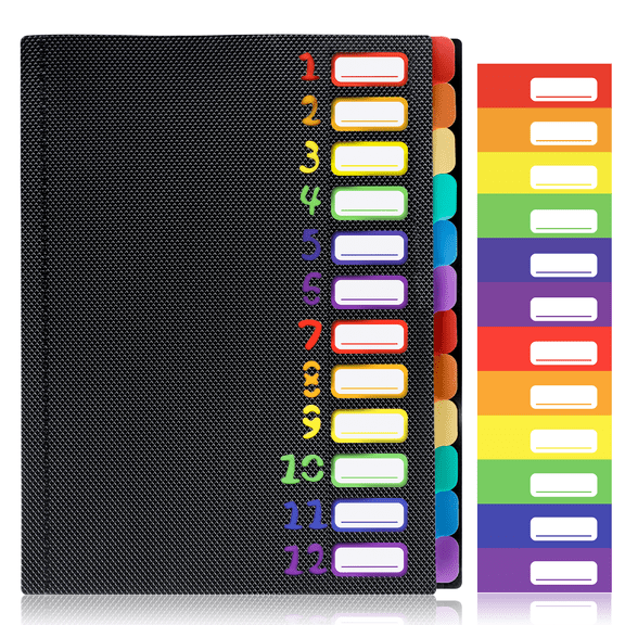 Troxlin Expanding File Folder 12 Pockets Accordion File Organizer with Colorful Tabs,Portable A4 Letter Size Paper Document Receipt Organizer for Office Home,Black