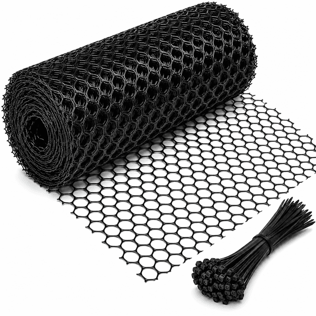 Troxlin Plastic Wire Mesh Fence Roll, 15.7IN x 26.3FT Plastic Chicken Wire Mesh, Balcony Garden Floral Netting Fencing Barrier for for Crafts, Poultry, Garden,Black(100 tie straps)