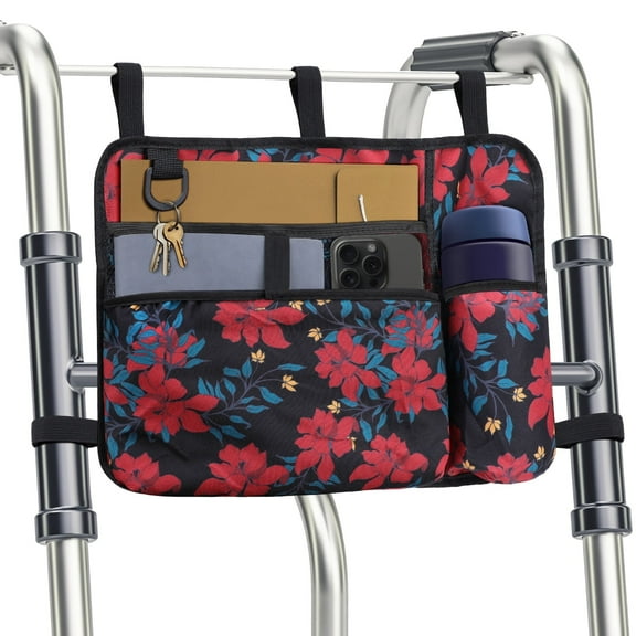 Troxlin Walker Storage Bags for Seniors – Waterproof Wheelchair & Walker Pouch with Multiple Storage Pockets, Universal Fit Rollator Accessories – Senior Walker Organizer Bag（Bauhinia）