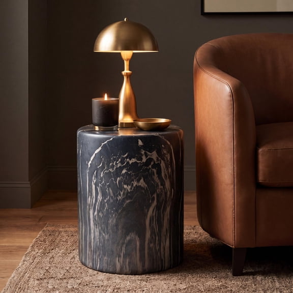 Troy 16.75" Minimalist Faux Marble Column Accent Table, Black Marble Finish