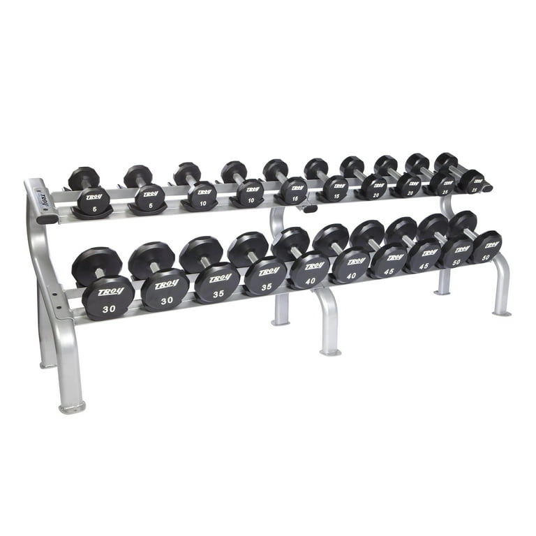Troy 5 50 lbs. 10 Pairs Urethane Dumbbell Weight Set w Rack Flat 12 Sided Head Commercial Gym Quality by Troy Barbell