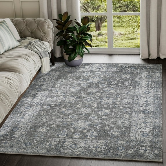 Troy Vintage Distressed Navy White Bold Rug Grey 4' x 6' Latex Free Oriental 4' x 6' Entryway