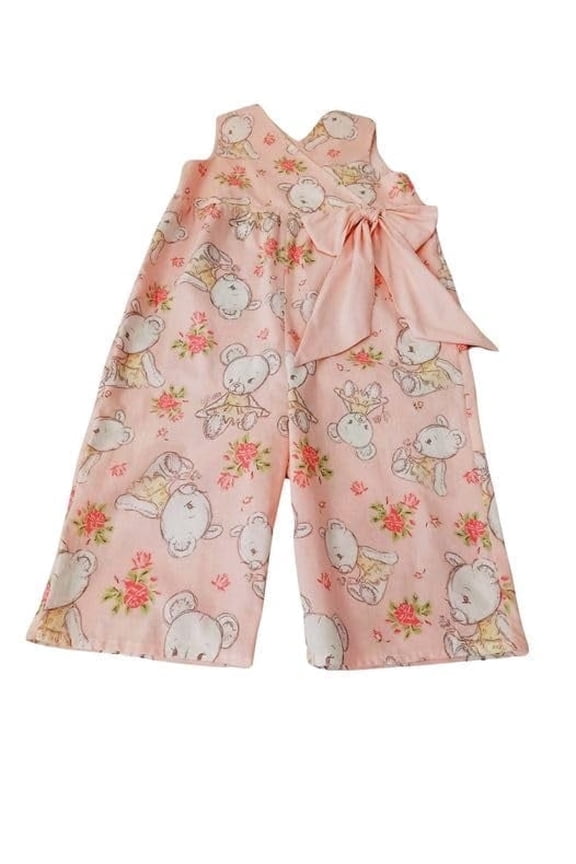 Troy x London 100% Cotton Light Pink Teddy Bear Printed Kids Romper with Pink Bow Size 3T Children's Baggy Cropped Length Jumpsuit
