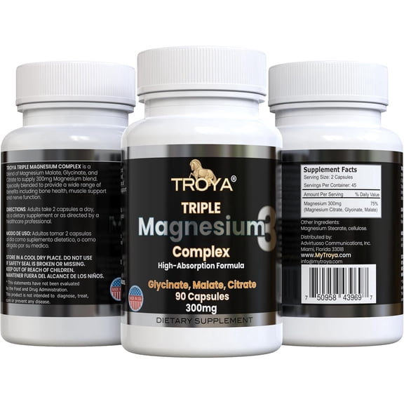 Troya Triple Magnesium Complex, 300mg, Magnesium Glycinate, Citrate & Malate Capsules for Relaxation, Sleep Support & Well-Being, 3 Pack