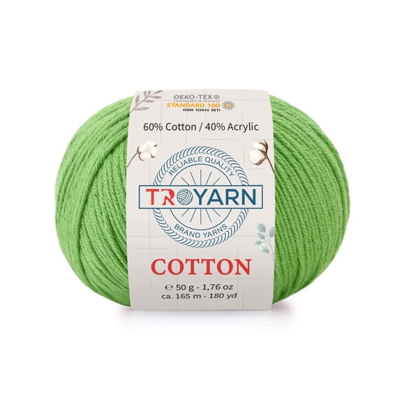 Troyarn Cotton 60% Cotton 40% Acrylic Yarn, Soft, Fine/Sport (2) for Crochet and Knitting 1.76 Oz (50g) / 180 Yds (165m) (10348 - Green)