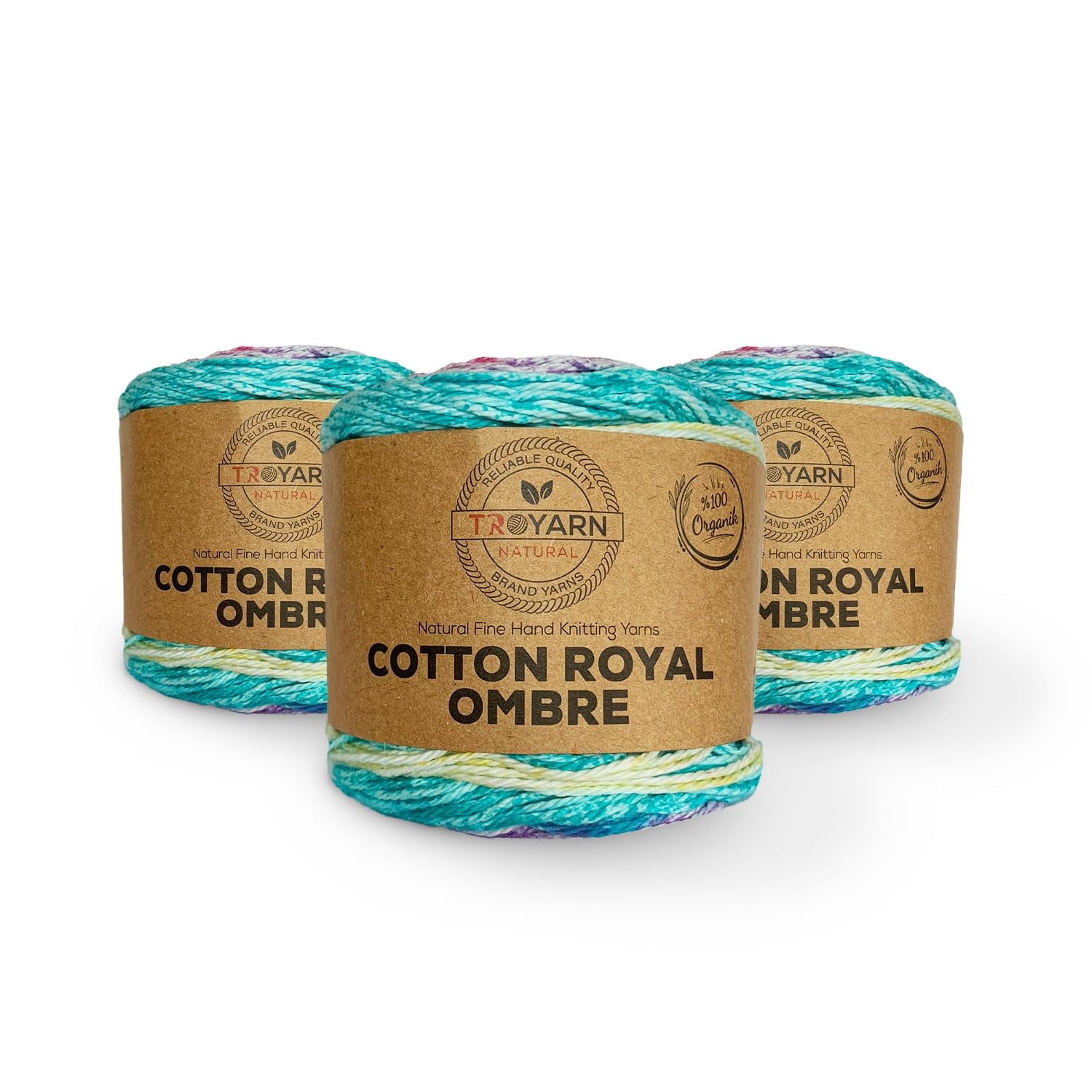 Troyarn Cotton Royal Ombre (3- Skeins Pack) Yarn with Rainbow Colors,Soft Yarn for Crocheting and Knitting%100 Organic Cotton Four Season Yarn 3x100 gr (3x230 yds) (20103)