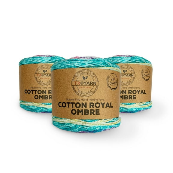 Troyarn Cotton Royal Ombre (3- Skeins Pack) Yarn with Rainbow Colors,Soft Yarn for Crocheting and Knitting%100 Organic Cotton Four Season Yarn 3x100 gr (3x230 yds) (20103)