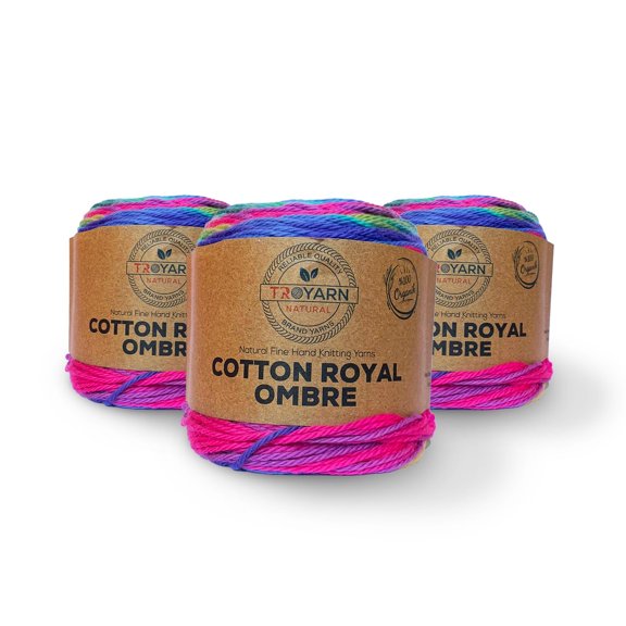 Troyarn Cotton Royal Ombre (3- Skeins Pack) Yarn with Rainbow Colors,Soft Yarn for Crocheting and Knitting%100 Organic Cotton Four Season Yarn 3x100 gr (3x230 yds) (20106)