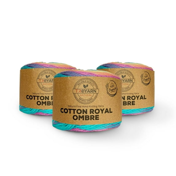 Troyarn Cotton Royal Ombre (3- Skeins Pack) Yarn with Rainbow Colors,Soft Yarn for Crocheting and Knitting%100 Organic Cotton Four Season Yarn 3x100 gr (3x230 yds) (20107)