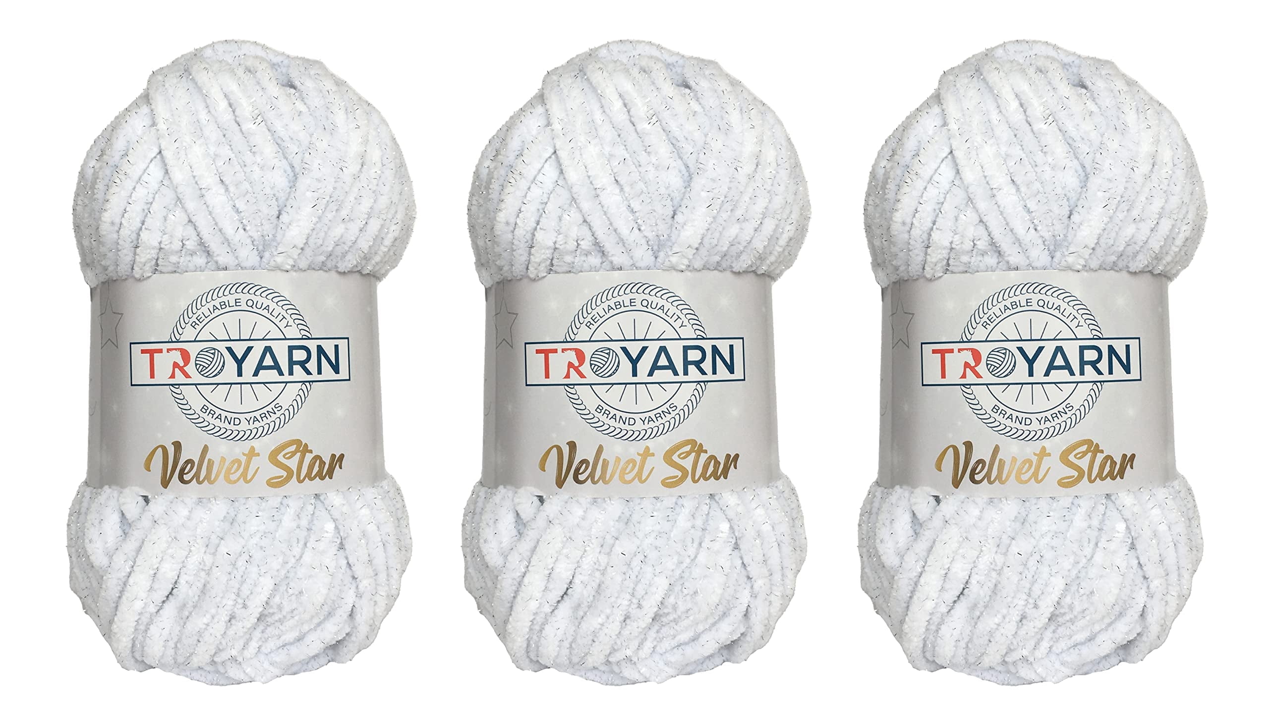 Troyarn Velvet Star (3- Skeins Pack) Silvery Glitter Chenille Baby Blanket Yarn Amigurumi Yarn for Crocheting and Knitting Super Bulky 3x100 gr (3x120 yds) (10401 - White, 3 Skein)