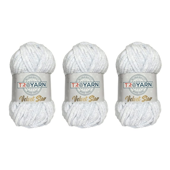 Troyarn Velvet Star (3- Skeins Pack) Silvery Glitter Chenille Baby Blanket Yarn Amigurumi Yarn for Crocheting and Knitting Super Bulky 3x100 gr (3x120 yds) (10401 - White, 3 Skein)