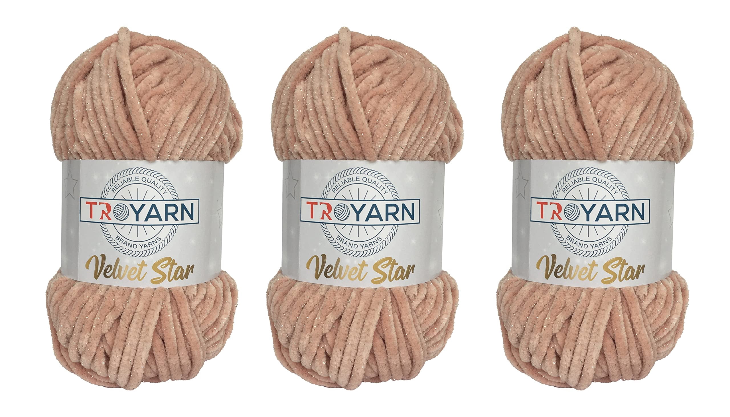 Troyarn Velvet Star (3- Skeins Pack) Silvery Glitter Chenille Baby Blanket Yarn Amigurumi Yarn for Crocheting and Knitting Super Bulky 3x100 gr (3x120 yds) (10442 - Shell, 3 Skein)