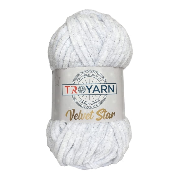Troyarn Velvet Star, Silvery Glitter Chenille Baby Blanket Yarn Amigurumi Yarn for Crocheting and Knitting Super Bulky 100 gr (120 yds) Length: 110 m (10401 - White, 1 Skein)