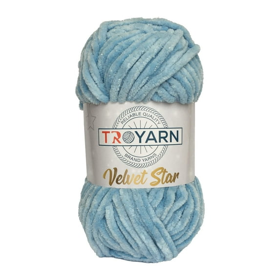 Troyarn Velvet Star, Silvery Glitter Chenille Baby Blanket Yarn Amigurumi Yarn for Crocheting and Knitting Super Bulky 100 gr (120 yds) Length: 110 m (10411 - Light Blue, 1 Skein)