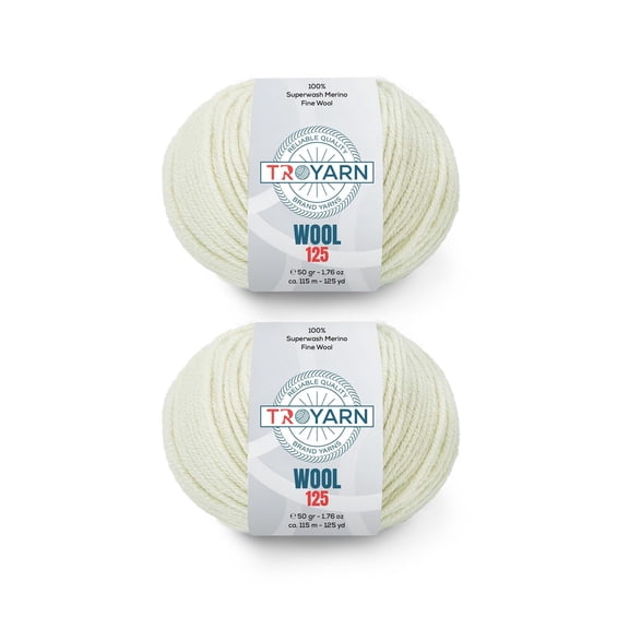 Troyarn Wool 125 (2- Skeins Pack) 100% Superwash Merino Fine Wool Light Worsted Weight #3 Soft Knitting and Crochet Yarn for Crocheting and Knitting (2 x 1.76 oz) / (2 x 125 Yds) (10901 - Ecru)