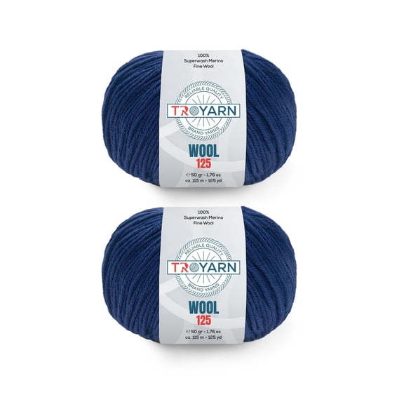 Troyarn Wool 125 (2- Skeins Pack) 100% Superwash Merino Fine Wool Light Worsted Weight #3 Soft Knitting and Crochet Yarn for Crocheting and Knitting (2 x 1.76 oz)/(2 x 125 Yds)(10931-Navy Blue)